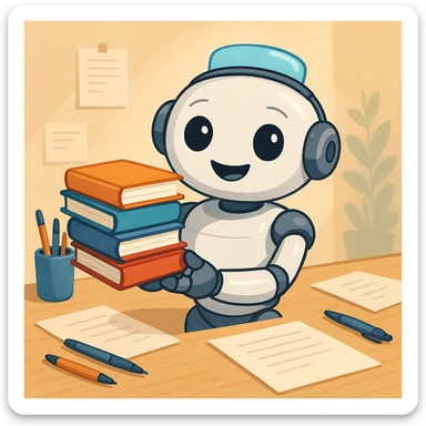 a robot with a stack of books, helpful, for a writing assistant sticker