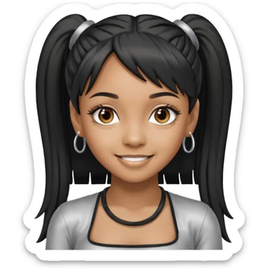 Left Eye from TLC with long black ponytail hair, silver outfit sticker