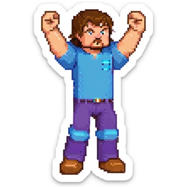Jack Black as Minecraft Steve in mining pose with arm raised, blocky character with brown hair, blue shirt, and purple pants sticker
