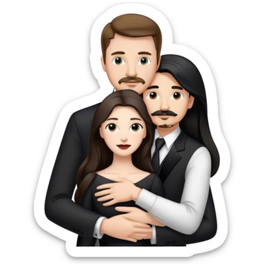 tall white man with brown hair goatee mustache hugging a pale woman with long black hair, wearing black and white formal clothing sticker