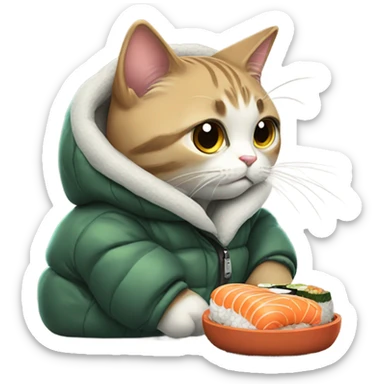 cat in a big puffy jacket eating sushi sticker
