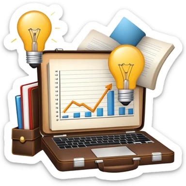 Icon for Business Reading: a prominent book at the forefront, with a briefcase, laptop, and notepad around it, along with a bar graph and lightbulb symbolizing ideas and growth. The icon should represent the knowledge and strategy of business literature. Transparent background. sticker