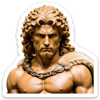 Cinematic Realistic Barbarian Hercules Portrait emoji, depicted as a fierce Greek hero with the chiseled features of Michelangelo's David. His light tan, sculpted skin glows with timeless strength, and his thick, curly, golden brown hair cascades in wild, untamed curls reminiscent of a warrior’s mane. Instead of a flowing white robe with golden accents and a laurel wreath, he wears rugged, weathered leather and fur garments—a tattered, fur-trimmed cloak draped over broad shoulders and a simple circlet forged from iron and bone. His intense, determined eyes exude savage nobility, all rendered under dynamic natural lighting with a mythic, raw, radiant glow. sticker