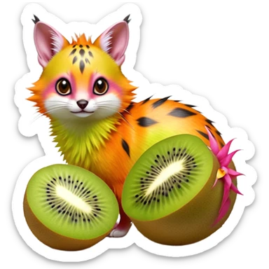 Hyper realistic  tropical-fruit-splash-colored fur of kiwi-lime-gradients, papaya-orange, and dragonfruit-pink chaos beautiful elegant pretty precious cute  Fakémon-Pokémon-opossum-feline-serval-caracal-chinchilla-Furret-Minccino-hybrid-creature with a big fluffy bushy tail (full body) sticker