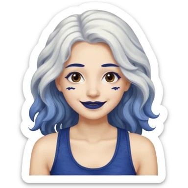 woman with wavy long white hair and brown eyes. She has dark blue lipstick. smiling in a grunge tanktop sticker