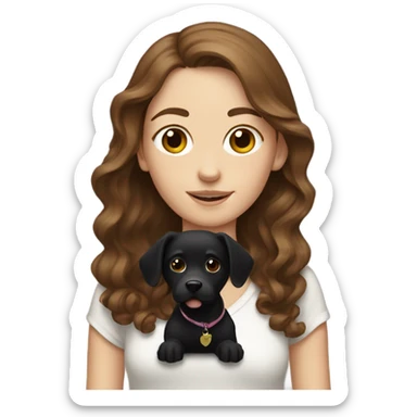 white girl with wavy brown hair holding black dog sticker