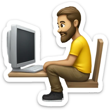 create a boy sitting with apple computer, beard and yellow glas sticker