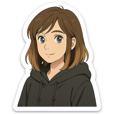 designer girl with blue eyes, brown hair with blonde highlights, black hoodie sticker