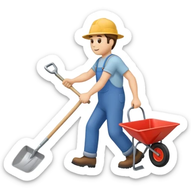 man digging with a shovel, with a wheelbarrow nearby sticker