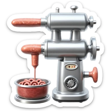 sausage-processing droid. retro-futuristic style. top is a circular industrial meat grinder with rotating gears and blades. Two robotic arms feed material into grinder. Sausage links extrude from the rear like  factory. The body is metallic, compact, and floats above the ground.no legs. Dark humor sticker