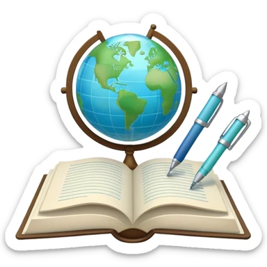 Create an emoji representing language translation. The design should feature a single globe in the background, symbolizing international communication. In front of the globe, place two opened books, with texts in it and a pen nearby to indicate the act of writing and vocabulary. Use a clean and professional color palette with blues, greens, and neutral tones. Do not include any emojis or smiley faces. Make the background transparent sticker