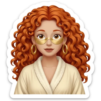 red haired very long curly haired woman with full face clay mask  and big earrings sticker