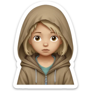 Young beggar little girl character, chest-up portrait, wearing worn and oversized clothes, hair is visible, neutral earth-tone fabric, slightly messy hair peeking from under a hood, tired but gentle eyes, subtle dirt marks on face, sticker