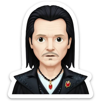 Gary Oldman as Dracula with long black hair, black sequin outfit, shirtless with necklace sticker