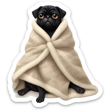 black pug with a cozy blanket around her and a bow sticker