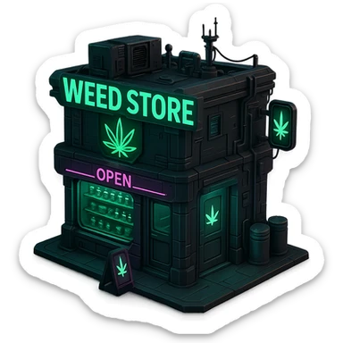 3D model of a weed store, cyberpunk style sticker