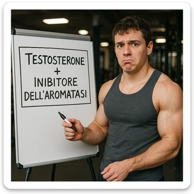 inexperienced bodybuilder in front of whiteboard with cycle scheme 'Testosterone + Inibitore dell'aromatasi' written in Italian, holding pen, puzzled look, growing muscles, gym background, 4K quality sticker