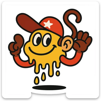Diddy Kong as a melting smiley face, cartoon style, wacky and fun sticker