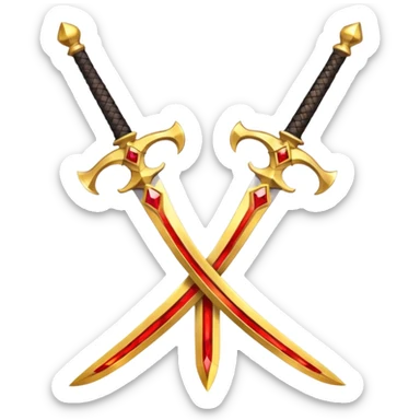 Two crossed swords that are golden in blade and handle and have fiery and royal appearence to them as well as red gem stones yellow in color sticker