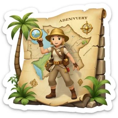An icon featuring an adventurer in a dynamic action pose with treasure map, ancient ruins and jungle landscapes in the background. The design includes clues, hidden passages and climbing gear, symbolizing the thrill of exploration and discovery. Transparent background. sticker