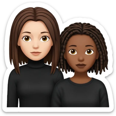 white woman brunette with very short hair and a black top. And black woman with long dread locks with a black sweater  sticker