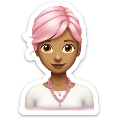 A girl wearing a Hermes necklace with a light pink ribbon and a strand of pink hair on the front  sticker