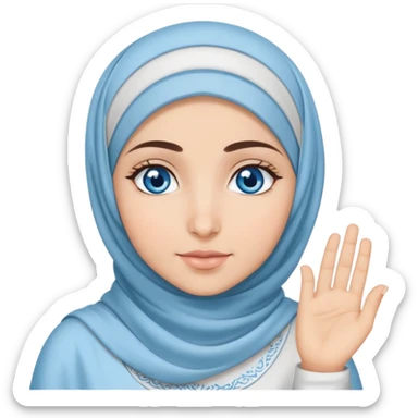 Turkish beautiful finish Konya girl blue eyes with cloudy hijab islamic dress and had on her hand text Eid Mubarak  sticker