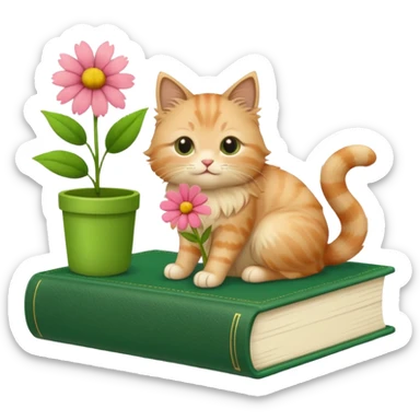 A beige fluffy cat sits on top of a green book + flower sticker