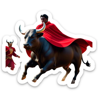 ​Cinematic Realistic black charging bull, against a matador depicted in a flowing red cape, captured in the dramatic moment of confronting a charging bull in a traditional bullring, rendered with dynamic motion and dramatic lighting that encapsulates the intensity and artistry of the spectacle, sticker