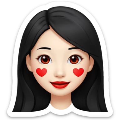 smiling young Chinese woman, long black hair, fair skin, oval face, large black eyes, red lips, emoji style sticker