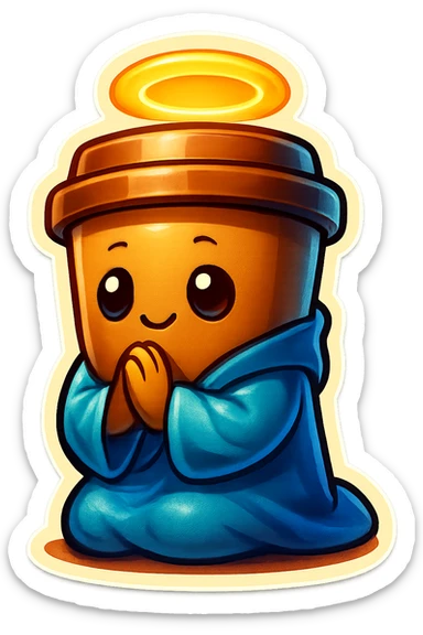 Tall coffee cup, bowing on knees, praying, worship, wearing soft blue monk robes, halo sticker