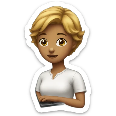 A girl with short hair and a black color carrying a laptop. sticker