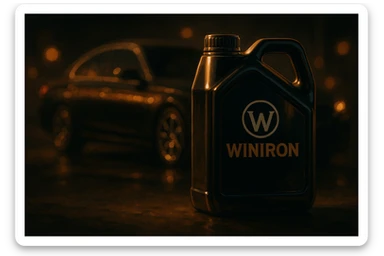 a premium dark moody automotive scene. A Winiron motor oil container stands in the foreground, illuminated by soft golden rim light. Background is a luxury car silhouette with warm reflections, blurred bokeh lights, and deep shadows. Add subtle metallic shine, glossy highlights on the container. Composition should feel cinematic, expensive, and powerful. No text, no distortions, keep the Winiron logo original. sticker