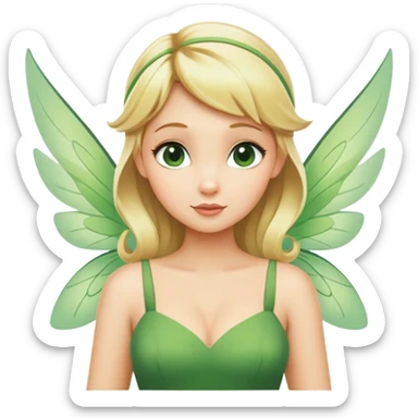 Tinkerbell fairy from hips up, green dress, blonde hair, wings, minimal style, larger size sticker