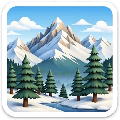 Snowy mountains with pine trees scenic full scenery realistic real realism photography  sticker