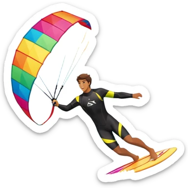 A kite surfer gliding across the ocean, with a colorful kite soaring high in the sky and the surfer carving through the waves. The scene captures the energy and freedom of the sport, with the sun shining and the ocean's waves splashing around. sticker