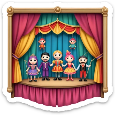 IIcon for Puppet Theater: a puppet stage with colorful marionettes, strings, and theatrical curtains. The icon should capture the whimsical and playful nature of puppet theater, with a focus on the characters and craftsmanship. Transparent background. sticker