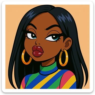 Headshot only of a 20-year-old anime Bratz style woman with dark skin and straight hair, wearing a bold colorful fashion-forward look. She has big expressive eyes, glossy lips, no hat, no tears, and a confident, aloof expression with a snooty attitude and her nose turned up. sticker