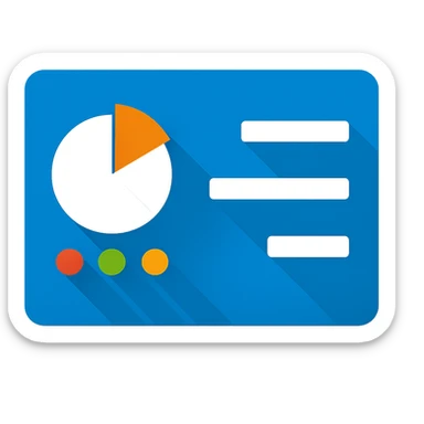 Re-create a control panel icon in a flat modern Windows icon style with a long shadow effect. The icon is a blue rounded rectangle with a white pie chart and an orange slice, three colored dots (red, green, yellow) below, and two white horizontal lines on the right. Transparent background. sticker