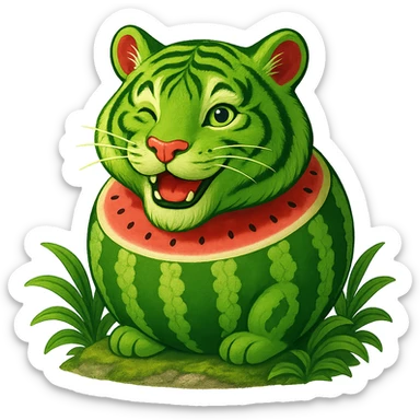 Edit the watermelon tiger character to have a winking playful expression. Keep the transparent background. sticker