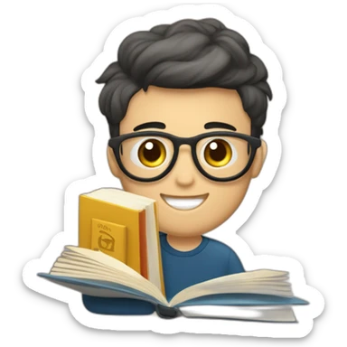 joven estudiante sentado sobre sus libros que son muchos y con un libro en sus manos y sobre su cabeza, de piel blanca y con su mascota sticker