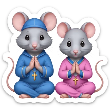A male rat wearing blue and a female rat wearing pink sitting together praying the holy rosary with a rosary each sticker