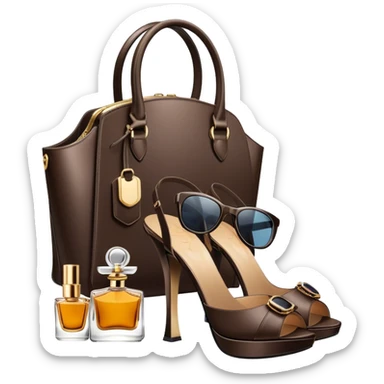 A photorealistic icon featuring stylish fashion accessories like high heels, a designer handbag, sunglasses, and a perfume bottle, arranged elegantly. Soft, luxurious colors with detailed textures and lighting that convey beauty and style. Transparent background, symbolizing fashion and beauty. sticker
