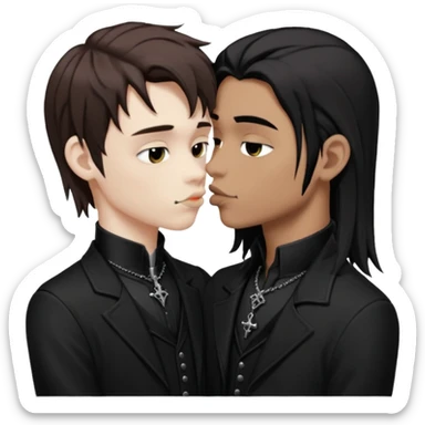 Goth Boys, one goth boy pale with brown hair the other a goth boy tan with long black hair, kissing sticker