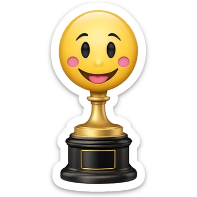 An Oscar statuette with a black base and a smiling round emoji face for the head, with its tongue sticking out. The emoji face should have no rosy cheeks. sticker
