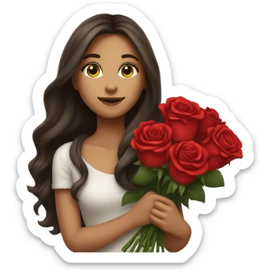girl with beautiful long hair brunette in her hands a huge bouquet of red roses sticker