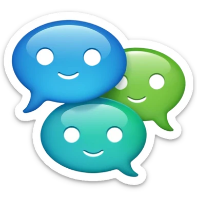 Create an emoji-style icon with two overlapping chat bubbles and a small phone or info symbol, representing ‘Contact Us’. Cute, colorful, rounded design sticker