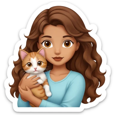 A beautiful girl with big brown waves was holding a  kitten sticker