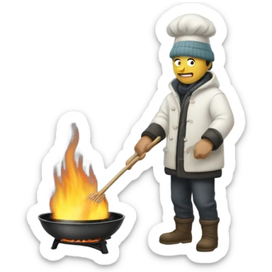 Man cooking with a wok in the winter  sticker