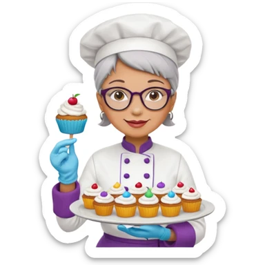 Older female pastry chef – round glasses, oven mitts on, holding a tray of cupcakes

 sticker